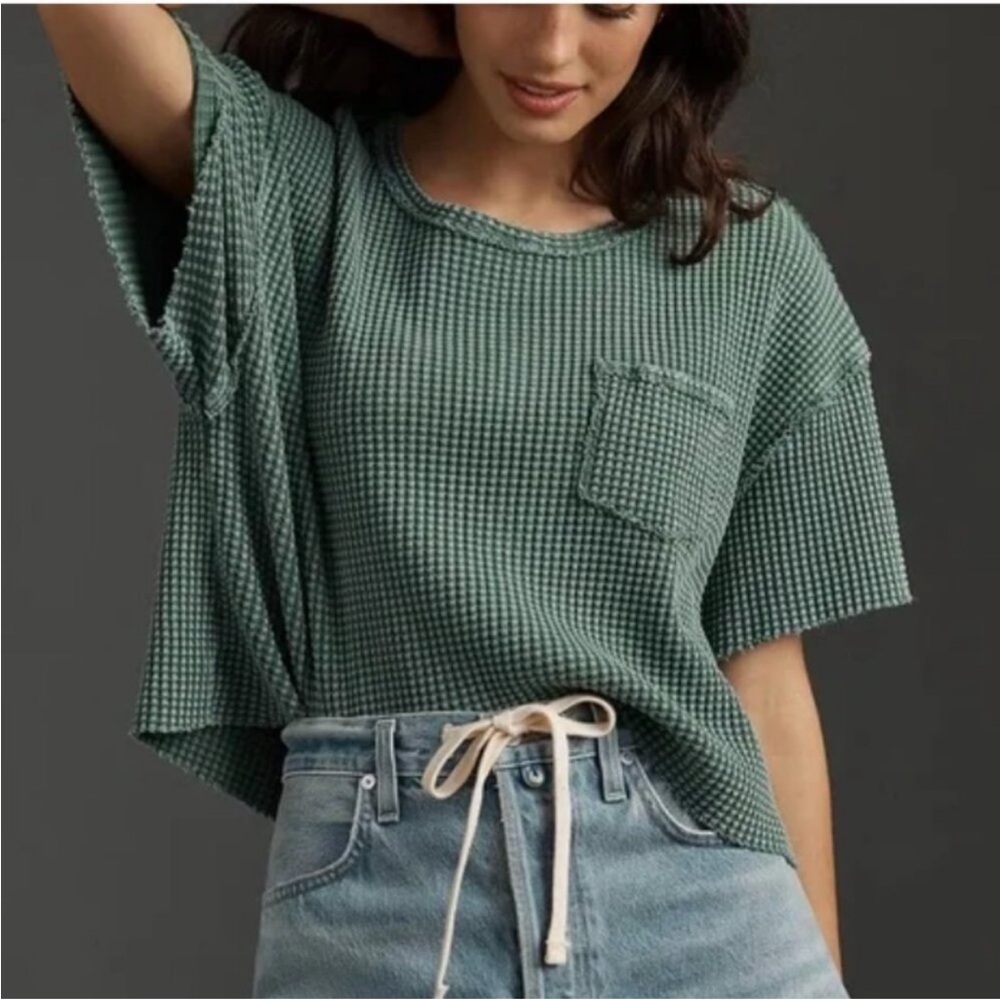 Anthropologie Green Waffle-Knit Short Sleeve Pocket Tee